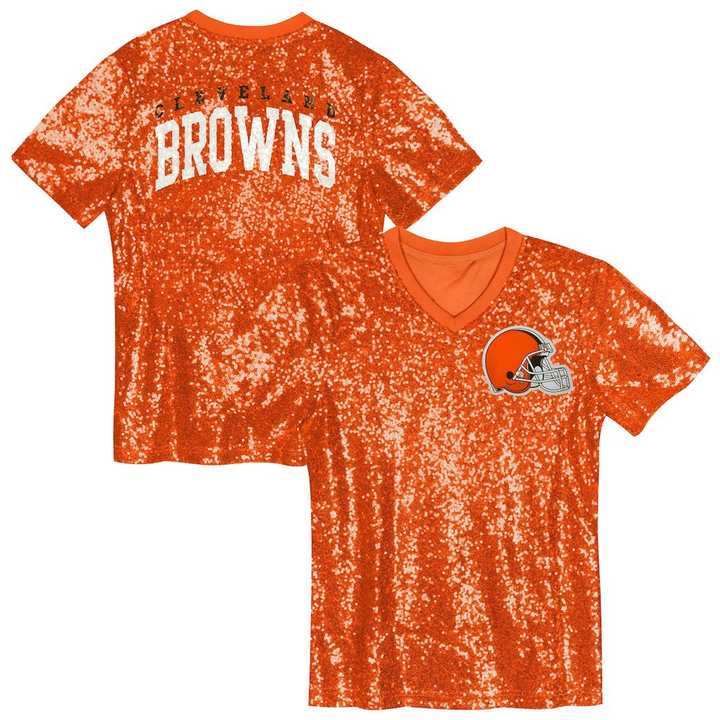 Cleveland Browns Girls Youth Wordmark Sequin V-Neck Top - Orange - NFL
