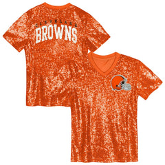 Cleveland Browns Girls Youth Wordmark Sequin V-Neck Top - Orange - NFL