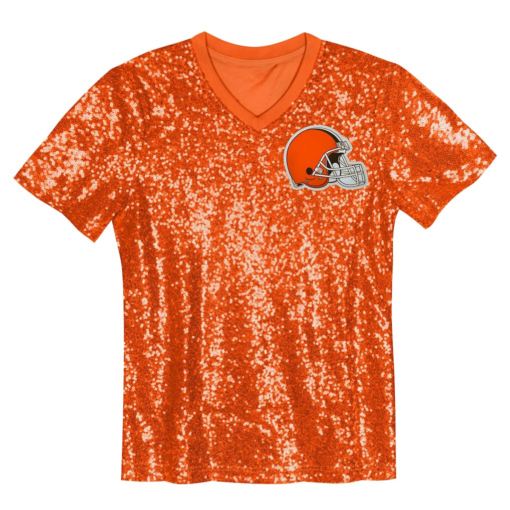 Cleveland Browns Girls Youth Wordmark Sequin V-Neck Top - Orange - NFL
