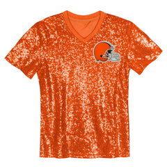 Cleveland Browns Girls Youth Wordmark Sequin V-Neck Top - Orange - NFL