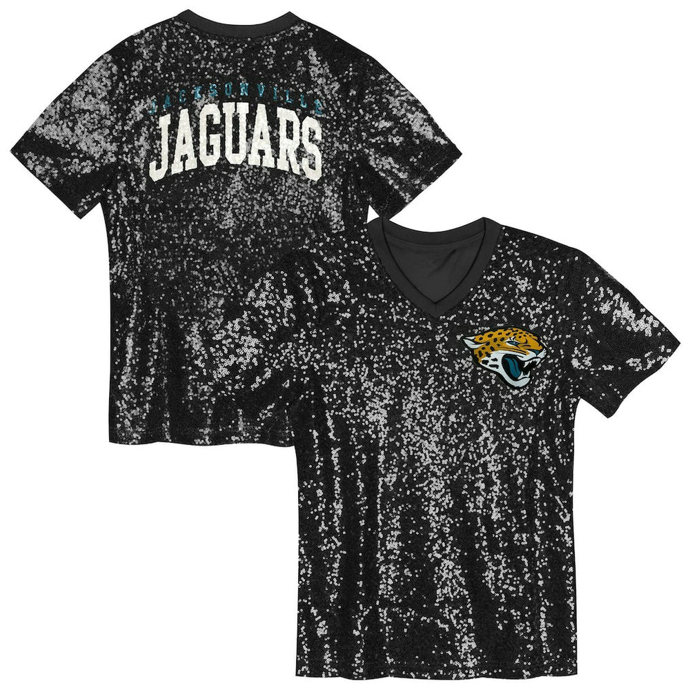 Jacksonville Jaguars Girls Youth Wordmark Sequin V-Neck Top - Black - NFL