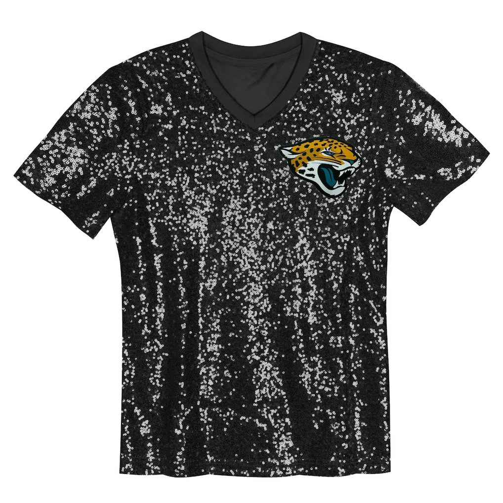 Jacksonville Jaguars Girls Youth Wordmark Sequin V-Neck Top - Black - NFL