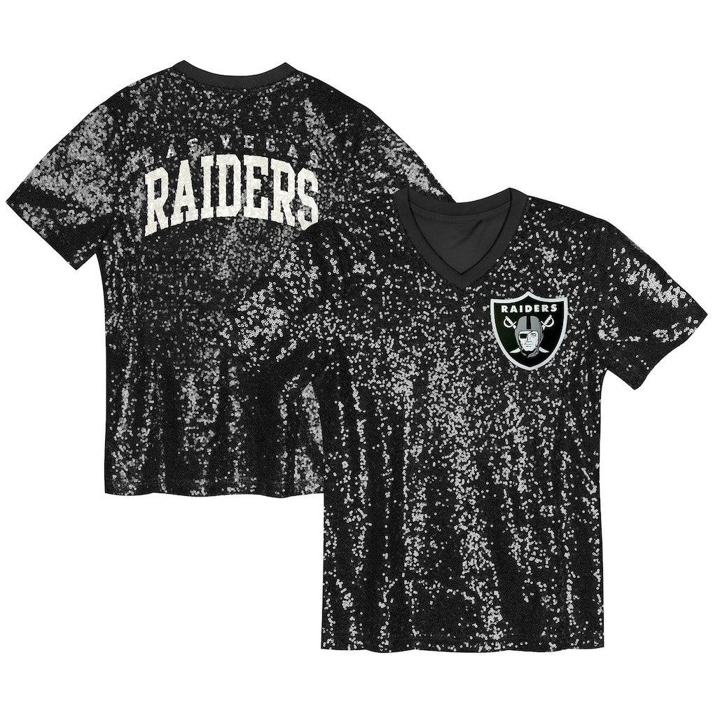 Las Vegas Raiders Girls Youth Wordmark Sequin V-Neck Top - Black - NFL