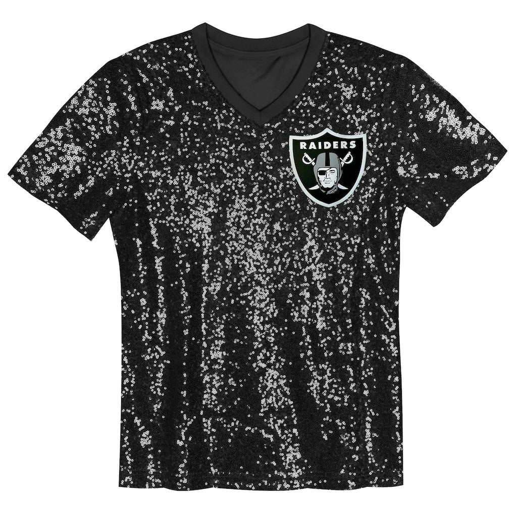 Las Vegas Raiders Girls Youth Wordmark Sequin V-Neck Top - Black - NFL