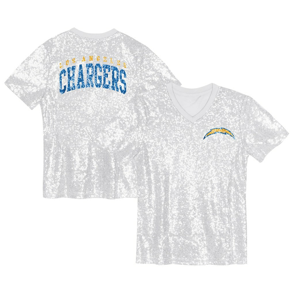 Los Angeles Chargers Girls Youth Wordmark Sequin V-Neck Top - White - NFL