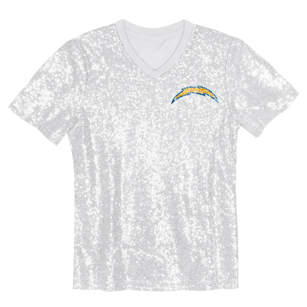 Los Angeles Chargers Girls Youth Wordmark Sequin V-Neck Top - White - NFL