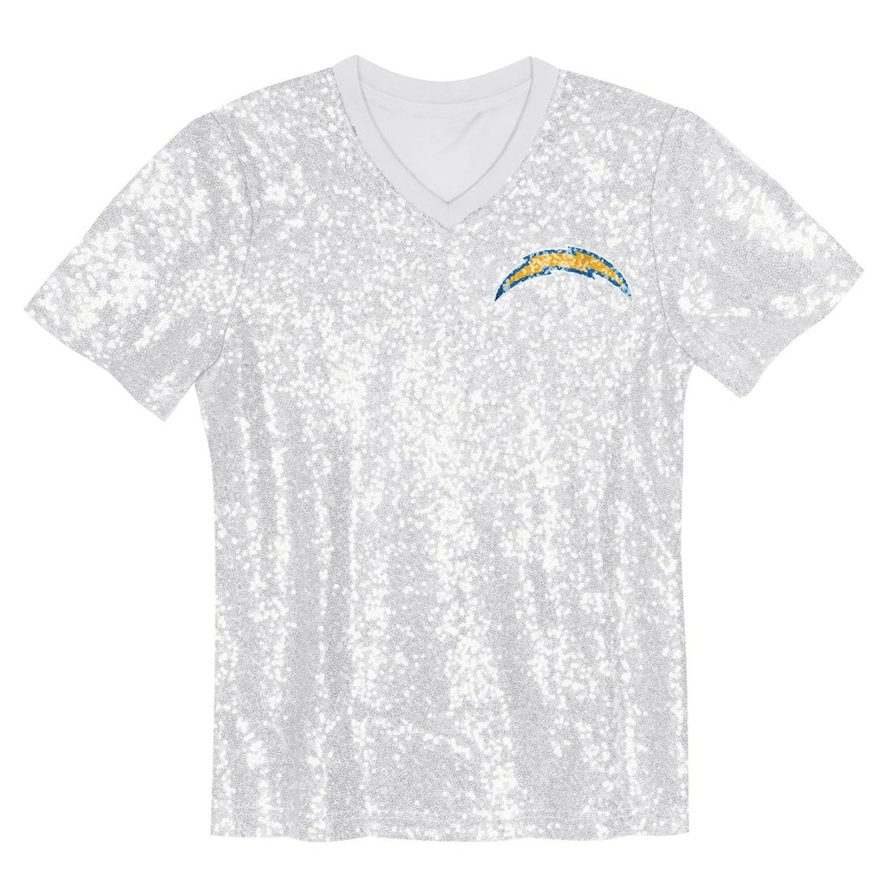 Los Angeles Chargers Girls Youth Wordmark Sequin V-Neck Top - White - NFL