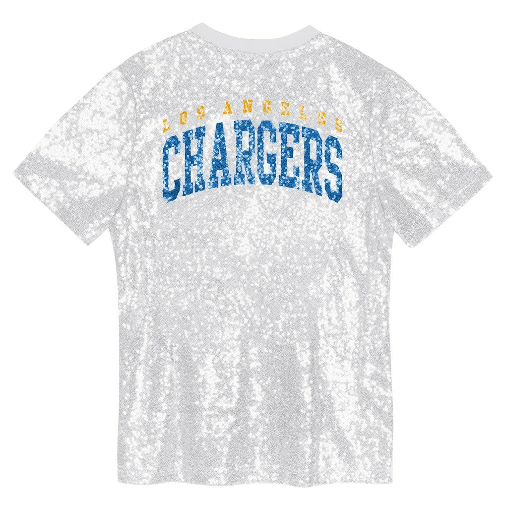 Los Angeles Chargers Girls Youth Wordmark Sequin V-Neck Top - White - NFL