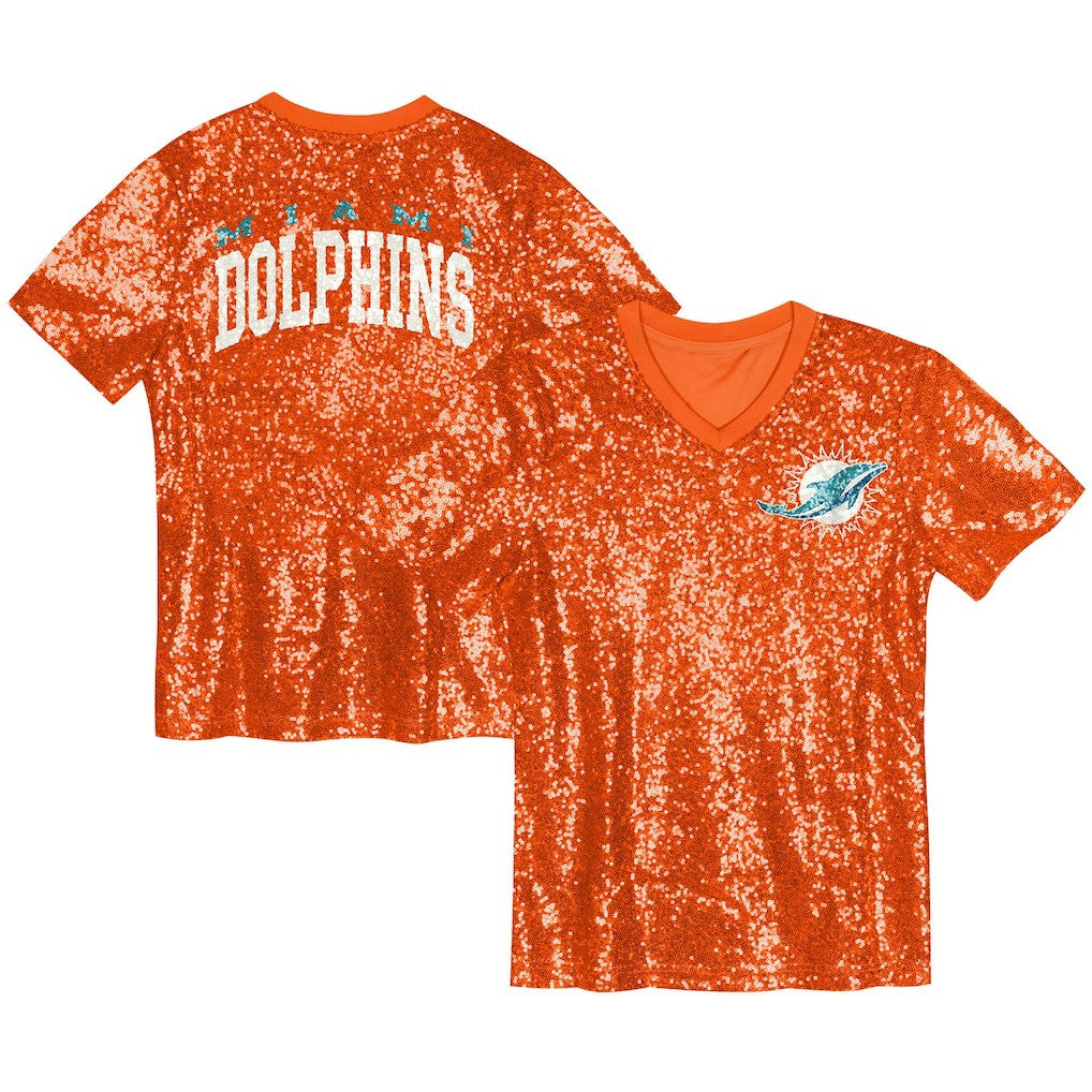 Miami Dolphins Girls Youth Wordmark Sequin V-Neck Top - Orange - NFL