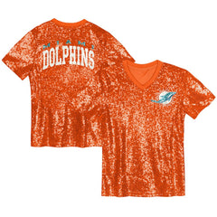 Miami Dolphins Girls Youth Wordmark Sequin V-Neck Top - Orange - NFL