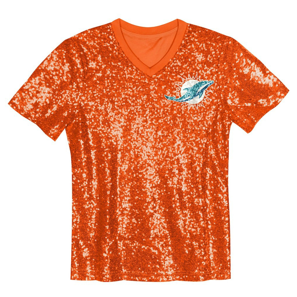 Miami Dolphins Girls Youth Wordmark Sequin V-Neck Top - Orange - NFL