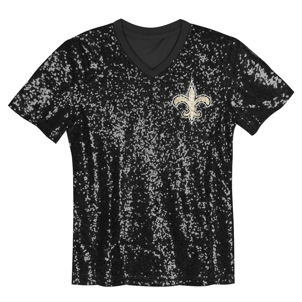 New Orleans Saints Girls Youth Wordmark Sequin V-Neck Top - Black - NFL