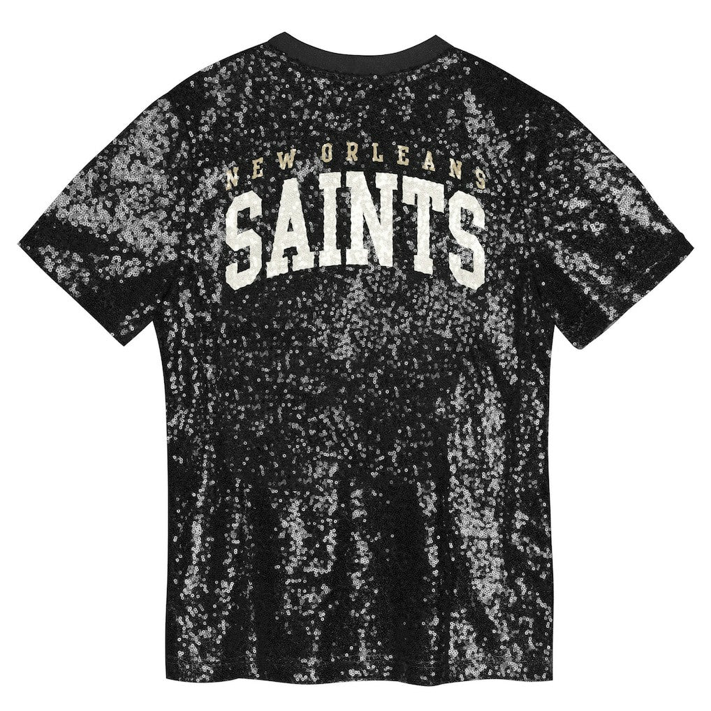 New Orleans Saints Girls Youth Wordmark Sequin V-Neck Top - Black - NFL