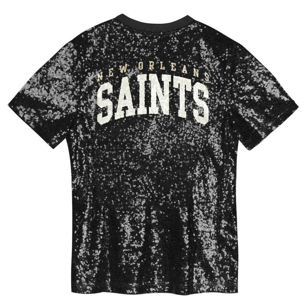 New Orleans Saints Girls Youth Wordmark Sequin V-Neck Top - Black - NFL