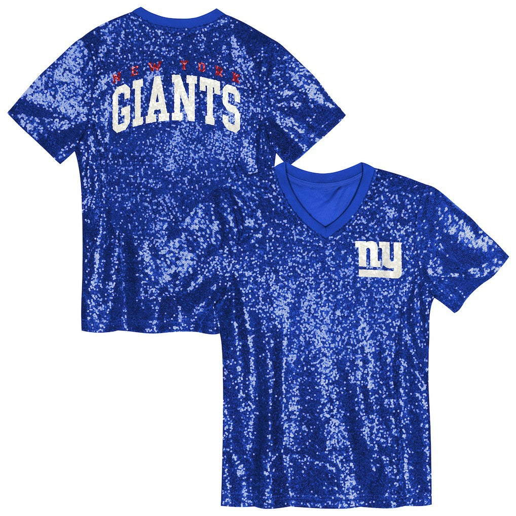 New York Giants Girls Youth Wordmark Sequin V-Neck Top - Royal - NFL