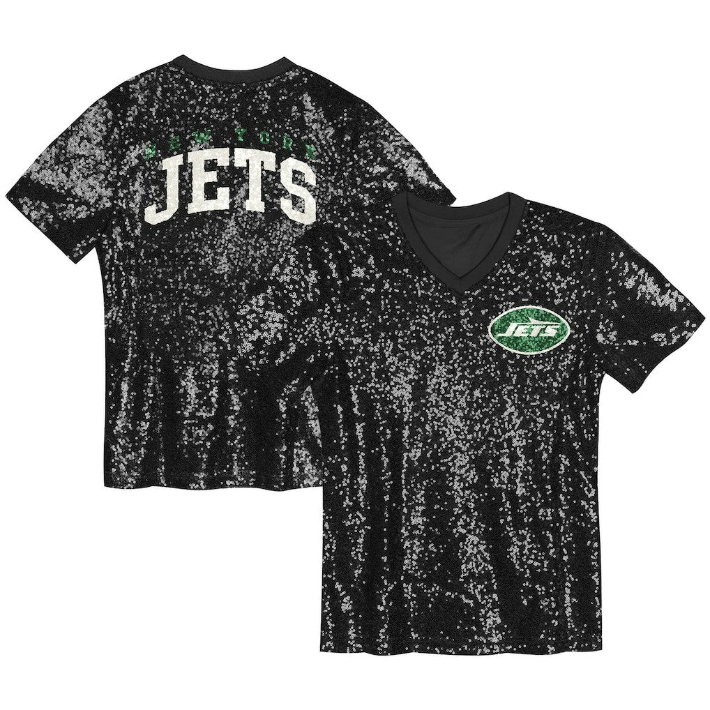 New York Jets Girls Youth Wordmark Sequin V-Neck Top - Black - NFL