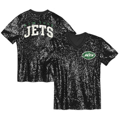 New York Jets Girls Youth Wordmark Sequin V-Neck Top - Black - NFL