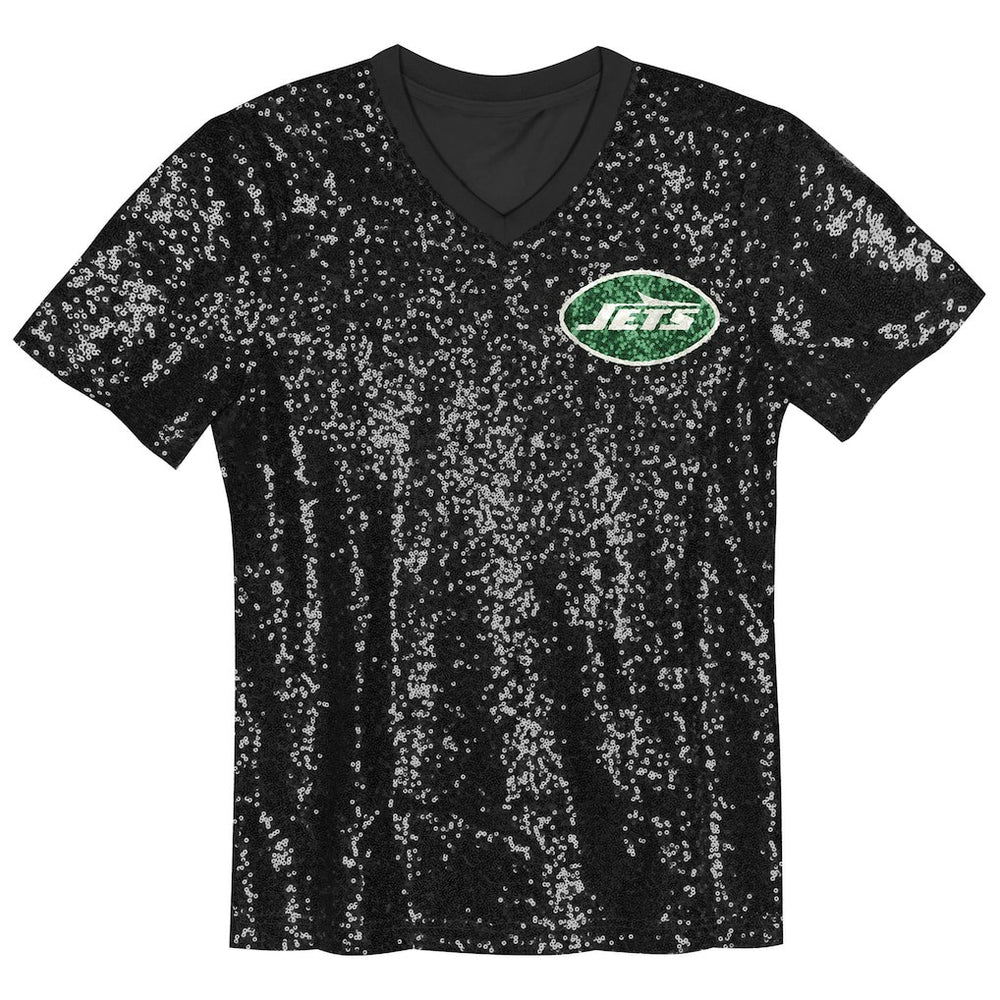 New York Jets Girls Youth Wordmark Sequin V-Neck Top - Black - NFL