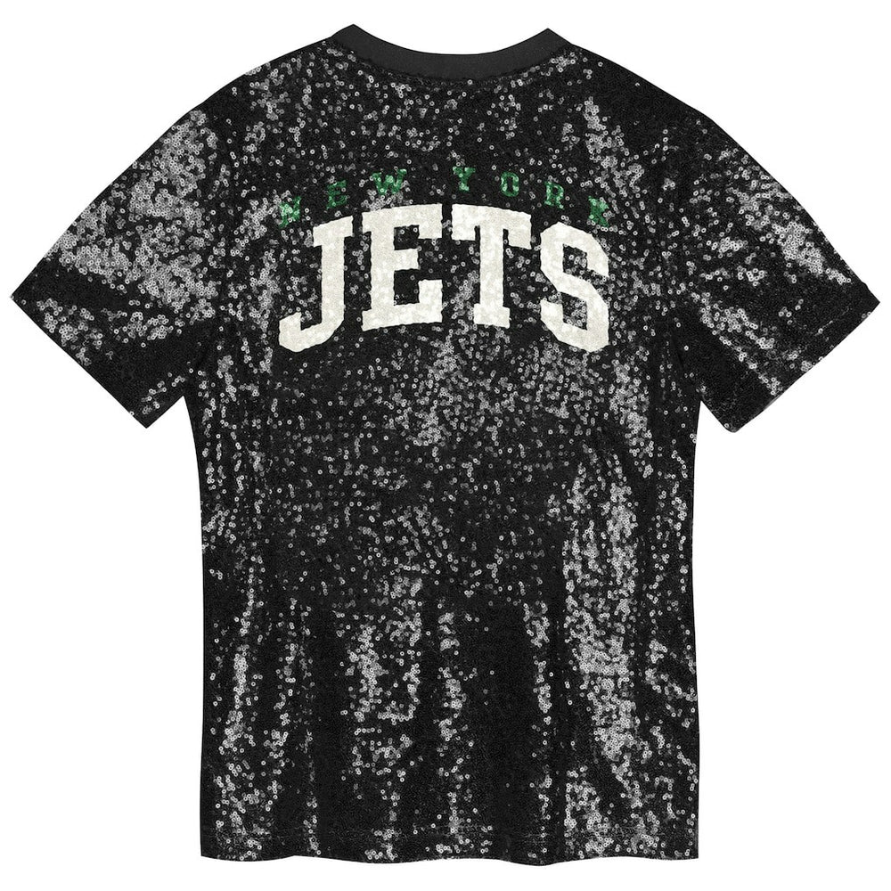 New York Jets Girls Youth Wordmark Sequin V-Neck Top - Black - NFL