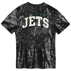 New York Jets Girls Youth Wordmark Sequin V-Neck Top - Black - NFL