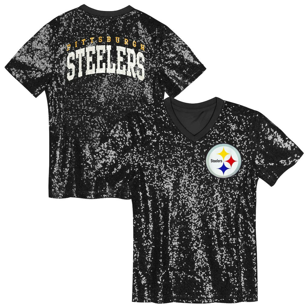 Pittsburgh Steelers Girls Youth Wordmark Sequin V-Neck Top - Black - NFL