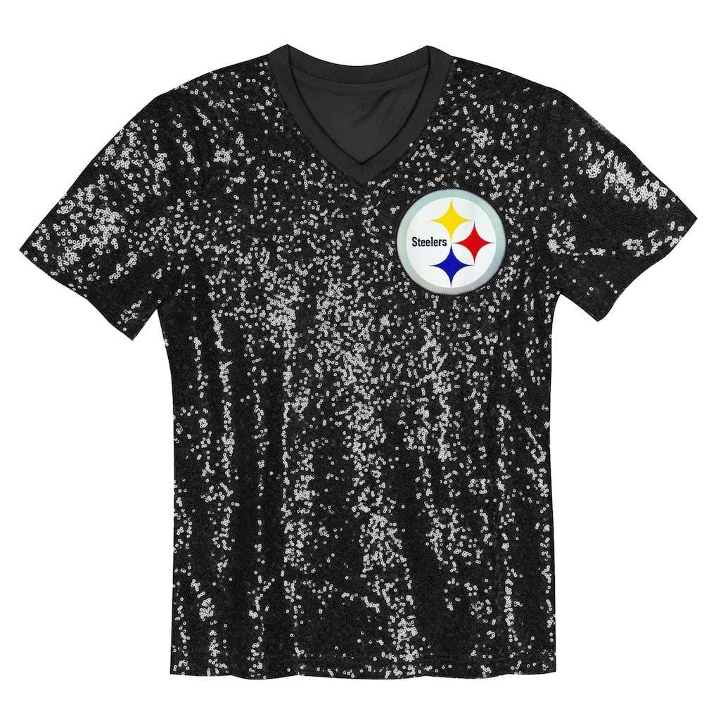 Pittsburgh Steelers Girls Youth Wordmark Sequin V-Neck Top - Black - NFL