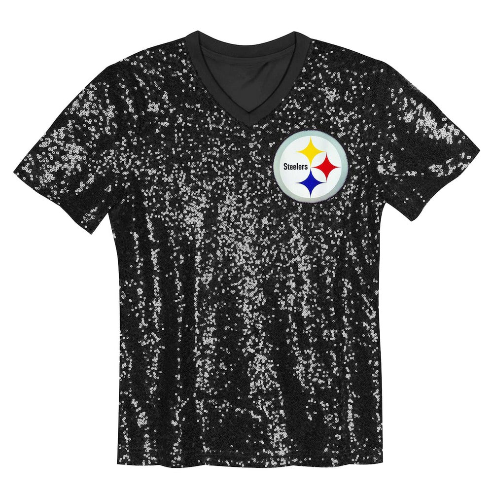 Pittsburgh Steelers Girls Youth Wordmark Sequin V-Neck Top - Black - NFL