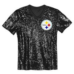 Pittsburgh Steelers Girls Youth Wordmark Sequin V-Neck Top - Black - NFL