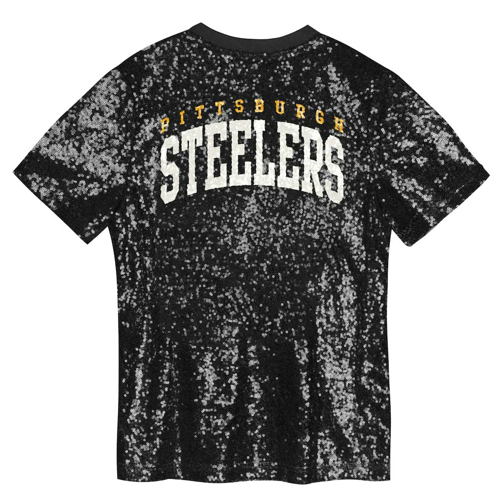 Pittsburgh Steelers Girls Youth Wordmark Sequin V-Neck Top - Black - NFL