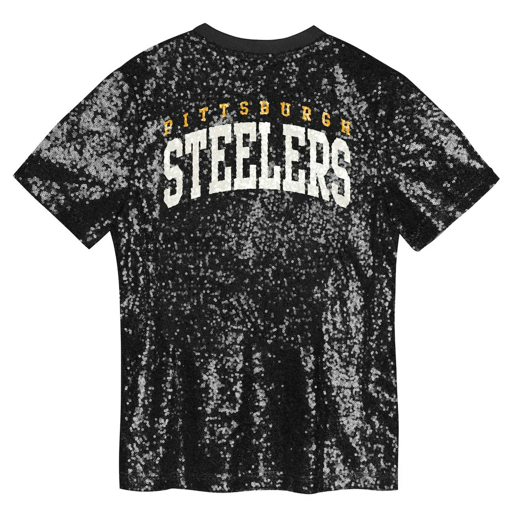 Pittsburgh Steelers Girls Youth Wordmark Sequin V-Neck Top - Black - NFL