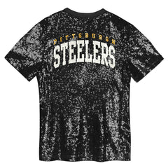 Pittsburgh Steelers Girls Youth Wordmark Sequin V-Neck Top - Black - NFL