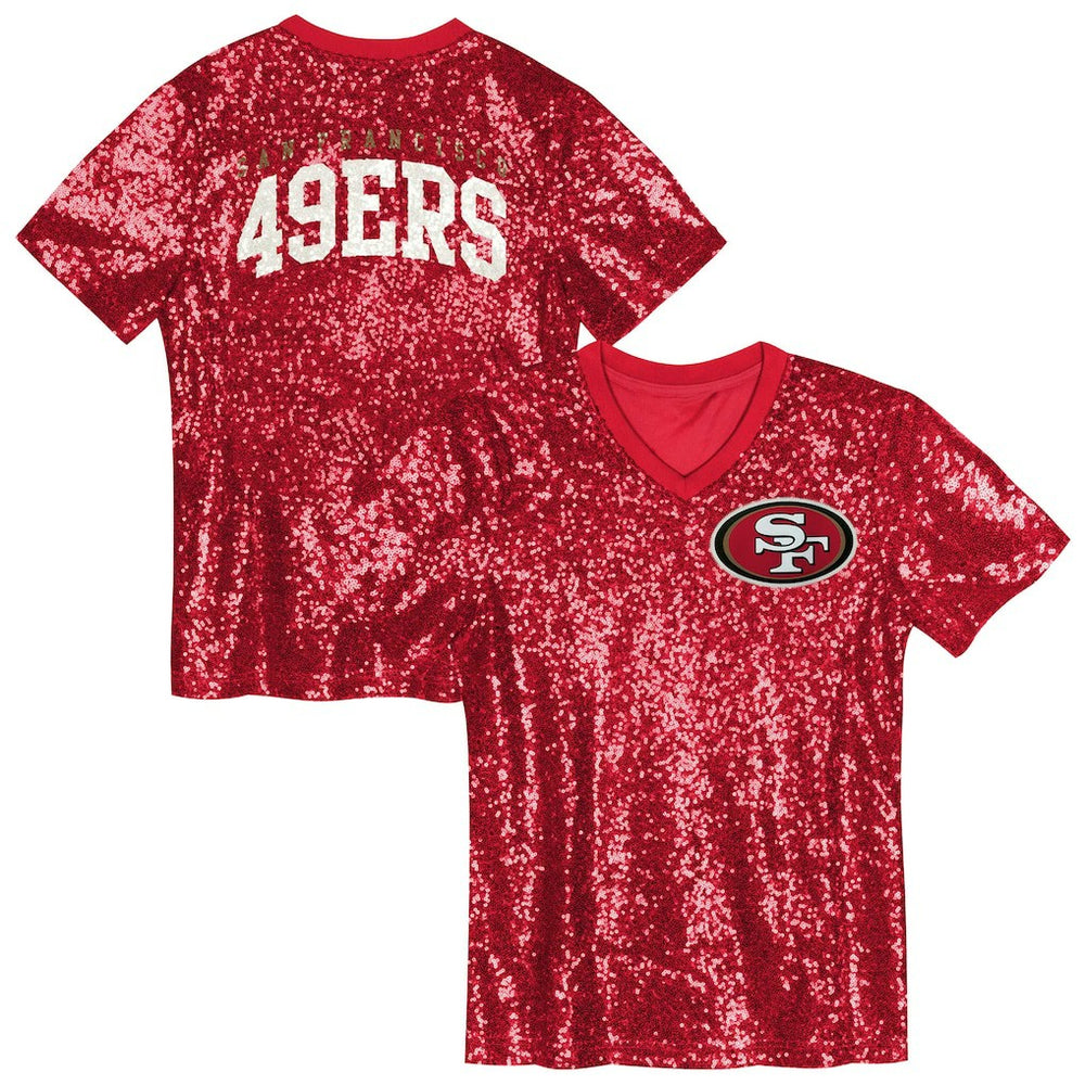 San Francisco 49ers Girls Youth Wordmark Sequin V-Neck Top - Scarlet - NFL