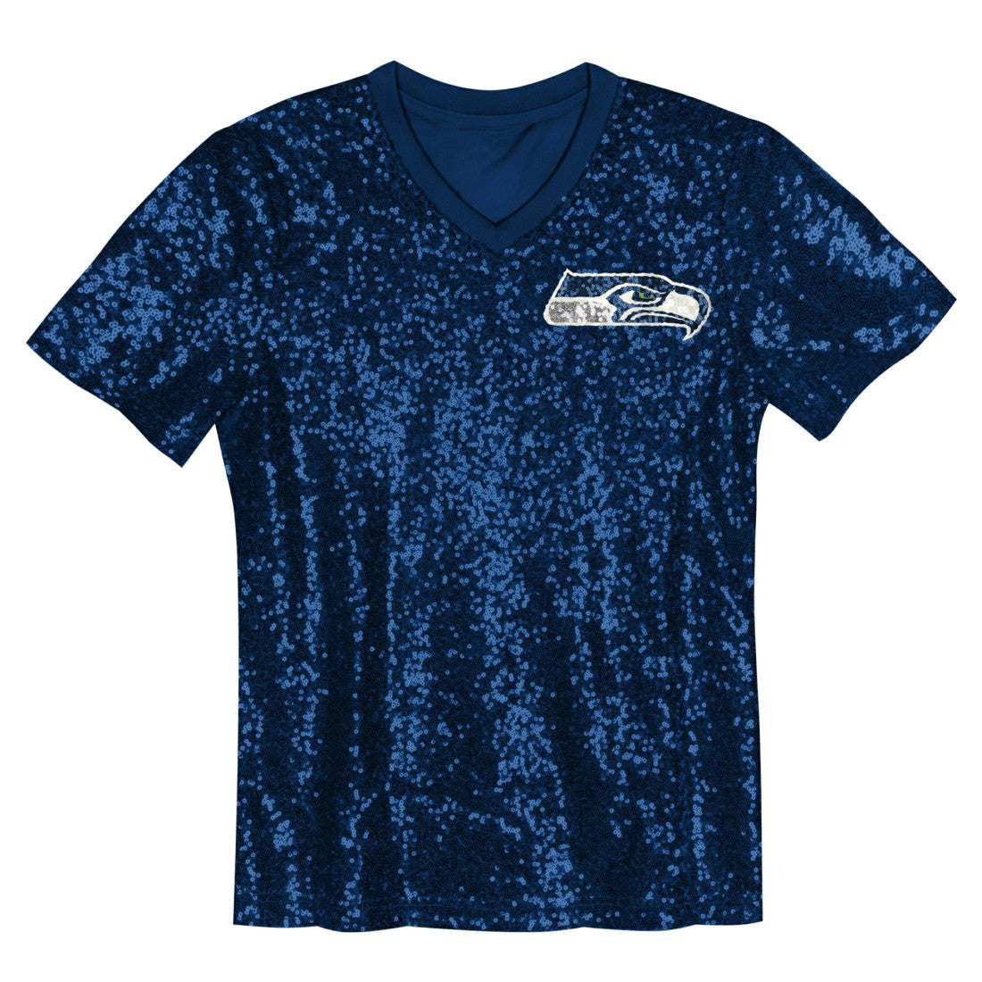 Seattle Seahawks Girls Youth Wordmark Sequin V-Neck Top - College Navy - NFL