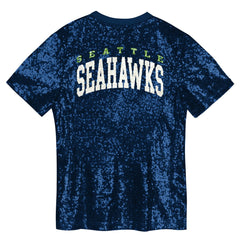 Seattle Seahawks Girls Youth Wordmark Sequin V-Neck Top - College Navy - NFL