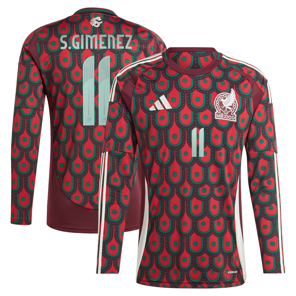 Adidas - Santiago Giménez Mexico National Team 2024 Home Replica Player Long Sleeve Jersey - Burgundy