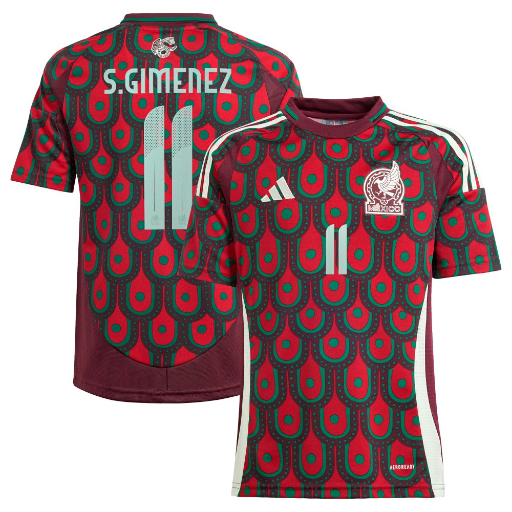 Adidas - Santiago Giménez Mexico National Team Youth 2024 Home Replica Player Jersey - Burgundy