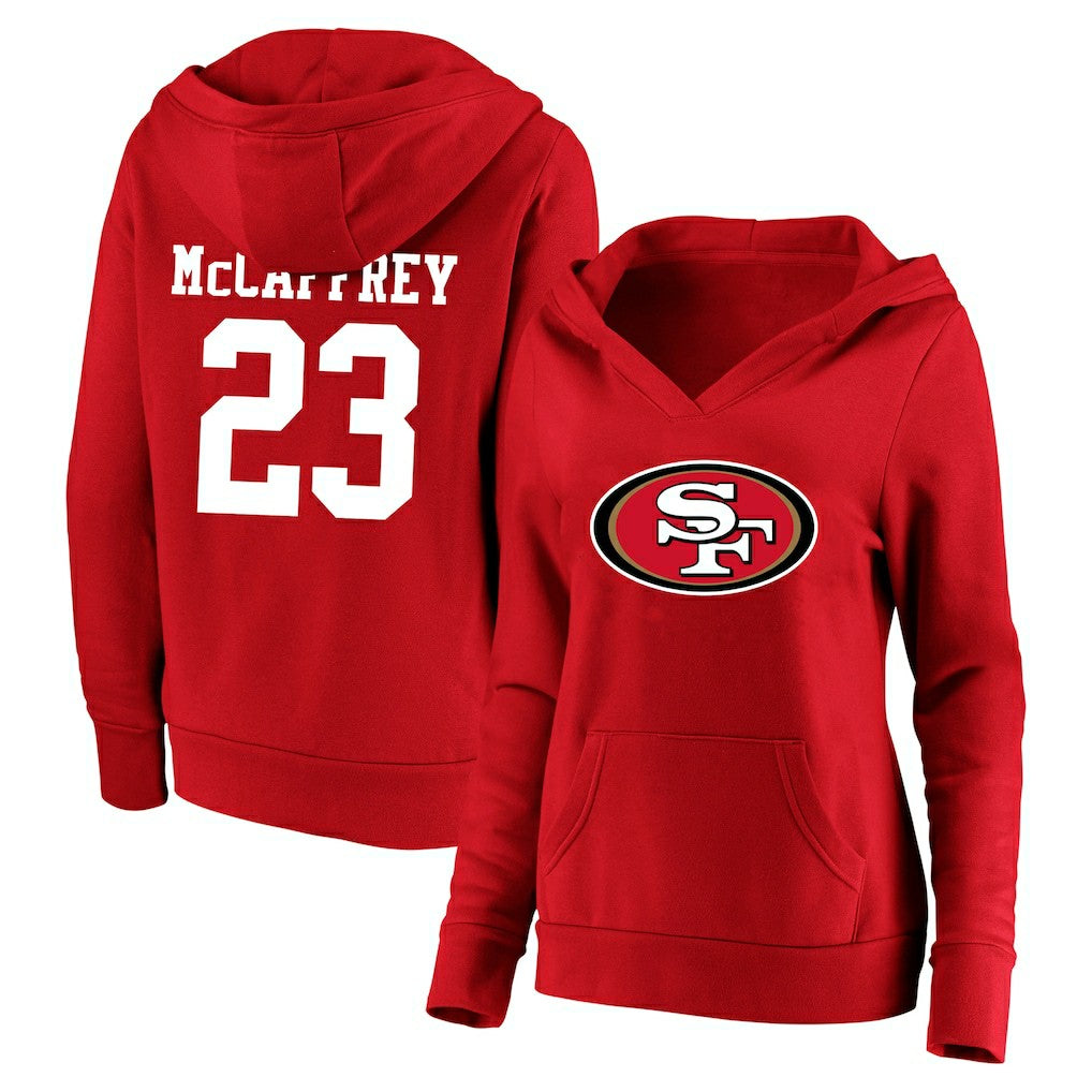 Christian McCaffrey San Francisco 49ers Women's Plus Size Player Name & Number V-Neck Pullover Hoodie - Scarlet - Fanatics