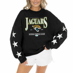 Jacksonville Jaguars Gameday Couture Women's Rhinestone Star Sleeve Settle the Score Oversized Pullover Sweatshirt - Black - NFL
