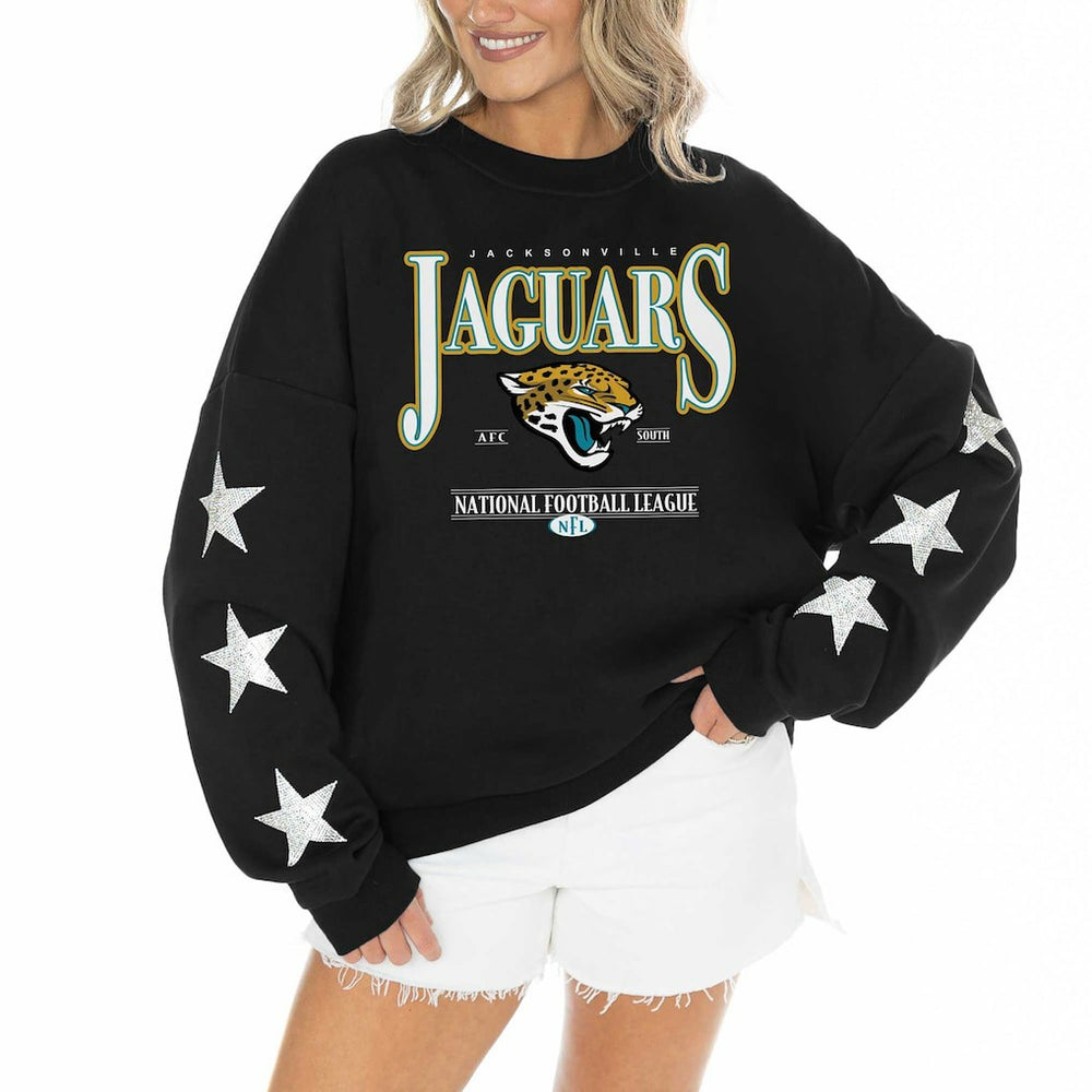 Jacksonville Jaguars Gameday Couture Women's Rhinestone Star Sleeve Settle the Score Oversized Pullover Sweatshirt - Black - NFL