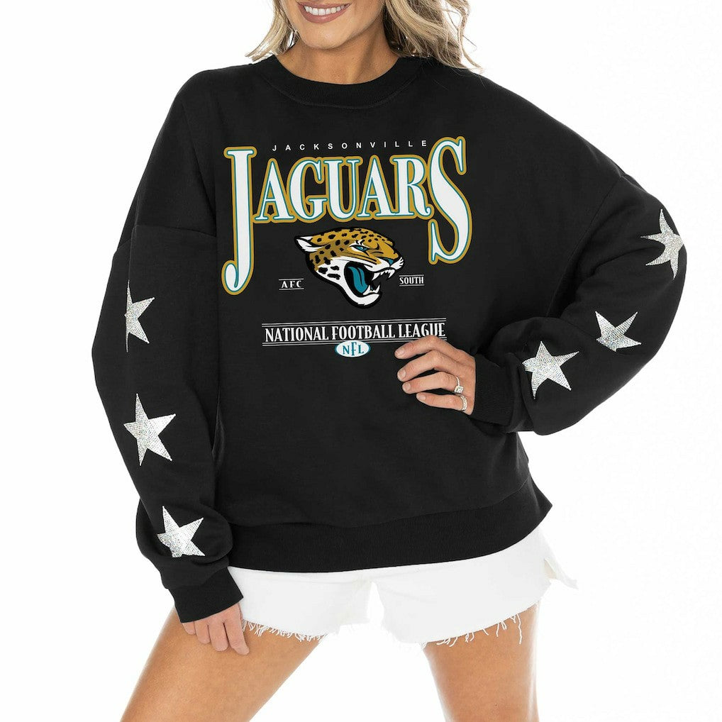 Jacksonville Jaguars Gameday Couture Women's Rhinestone Star Sleeve Settle the Score Oversized Pullover Sweatshirt - Black - NFL