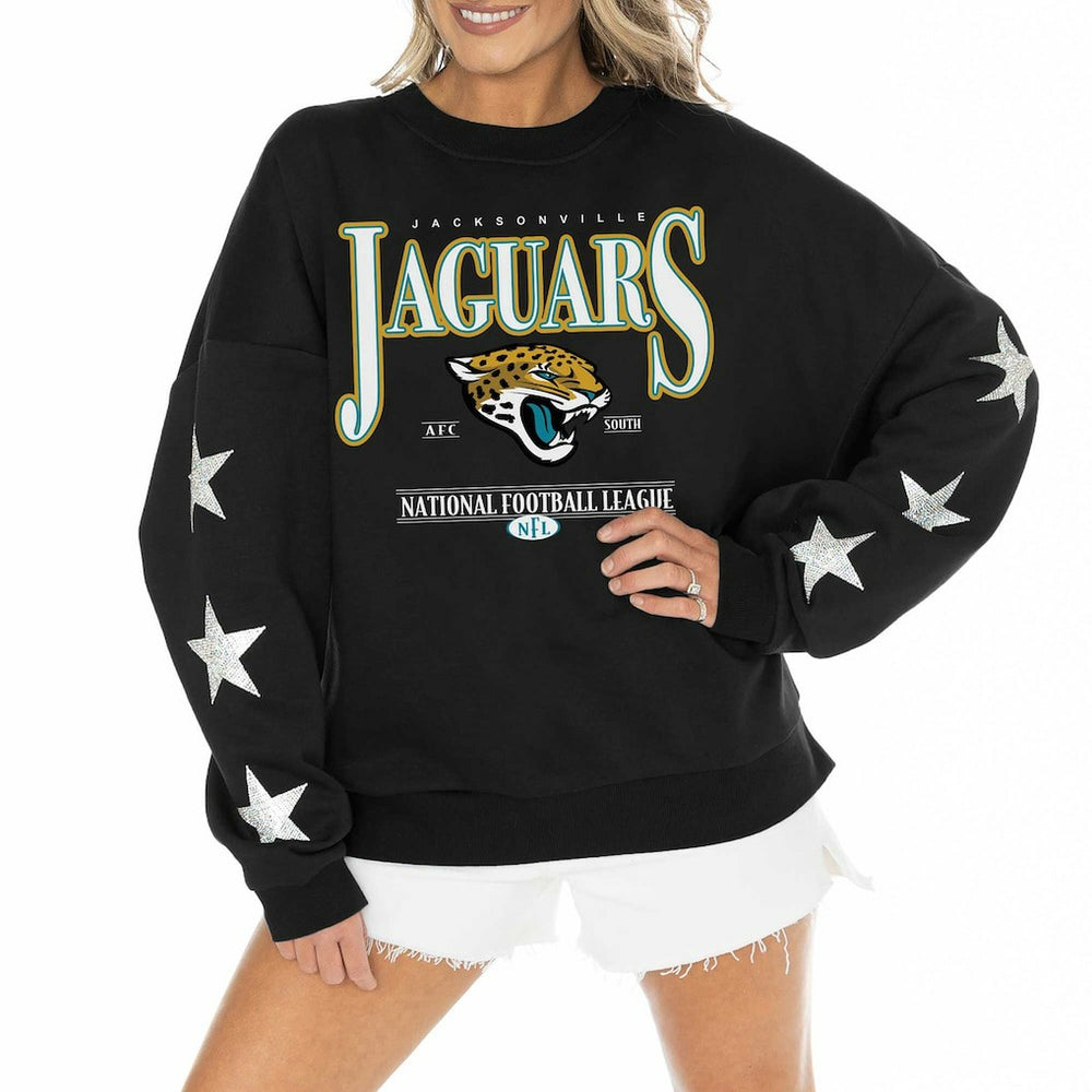 Jacksonville Jaguars Gameday Couture Women's Rhinestone Star Sleeve Settle the Score Oversized Pullover Sweatshirt - Black - NFL