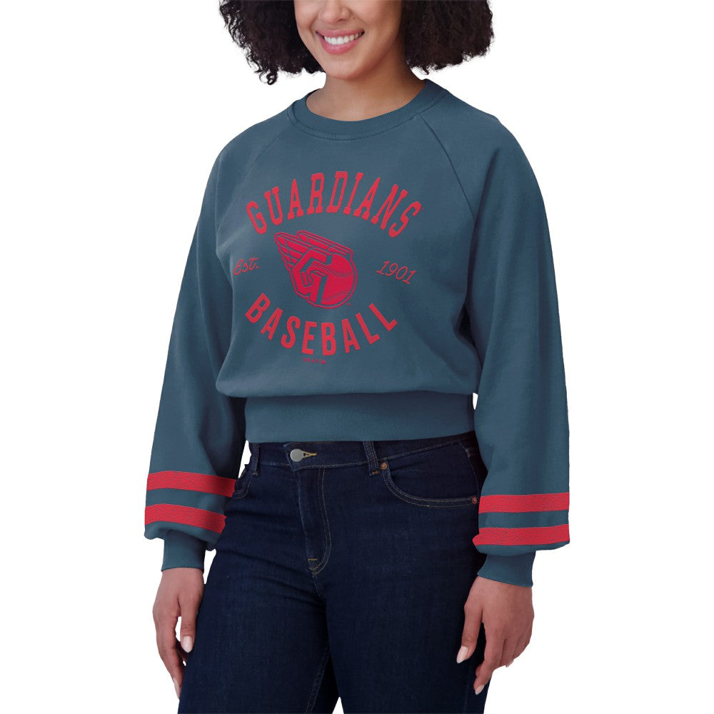 Cleveland Guardians WEAR by Erin Andrews Women's Vintage Washed Cropped Pullover Sweatshirt Sale