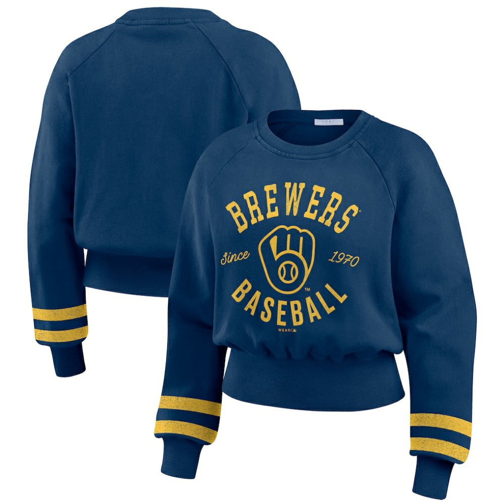 Milwaukee Brewers WEAR by Erin Andrews Women's Vintage Washed Cropped Pullover Sweatshirt Sale