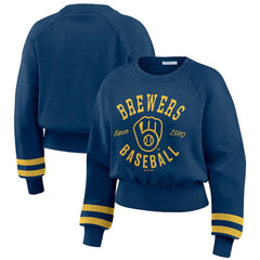 Milwaukee Brewers WEAR by Erin Andrews Women's Vintage Washed Cropped Pullover Sweatshirt Sale