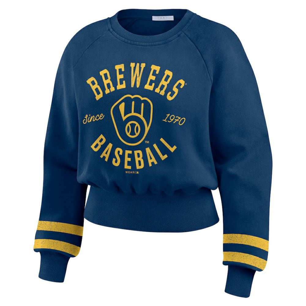 Milwaukee Brewers WEAR by Erin Andrews Women's Vintage Washed Cropped Pullover Sweatshirt Sale