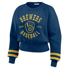 Milwaukee Brewers WEAR by Erin Andrews Women's Vintage Washed Cropped Pullover Sweatshirt Sale