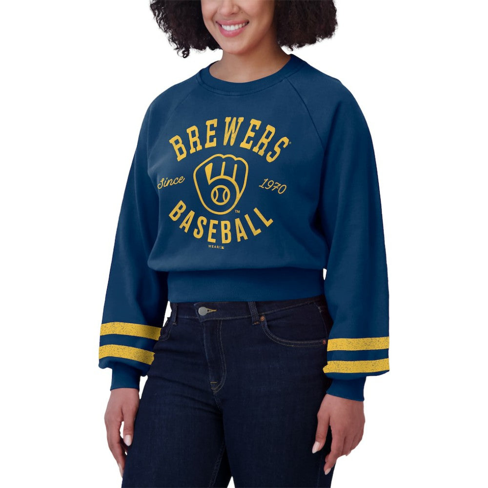 Milwaukee Brewers WEAR by Erin Andrews Women's Vintage Washed Cropped Pullover Sweatshirt Sale
