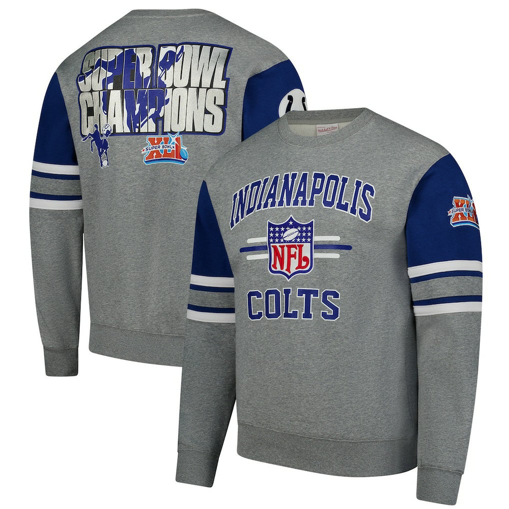 Indianapolis Colts All Over 4.0 Vintage Logo Pullover Sweatshirt - Heather Gray - Mitchell & Ness