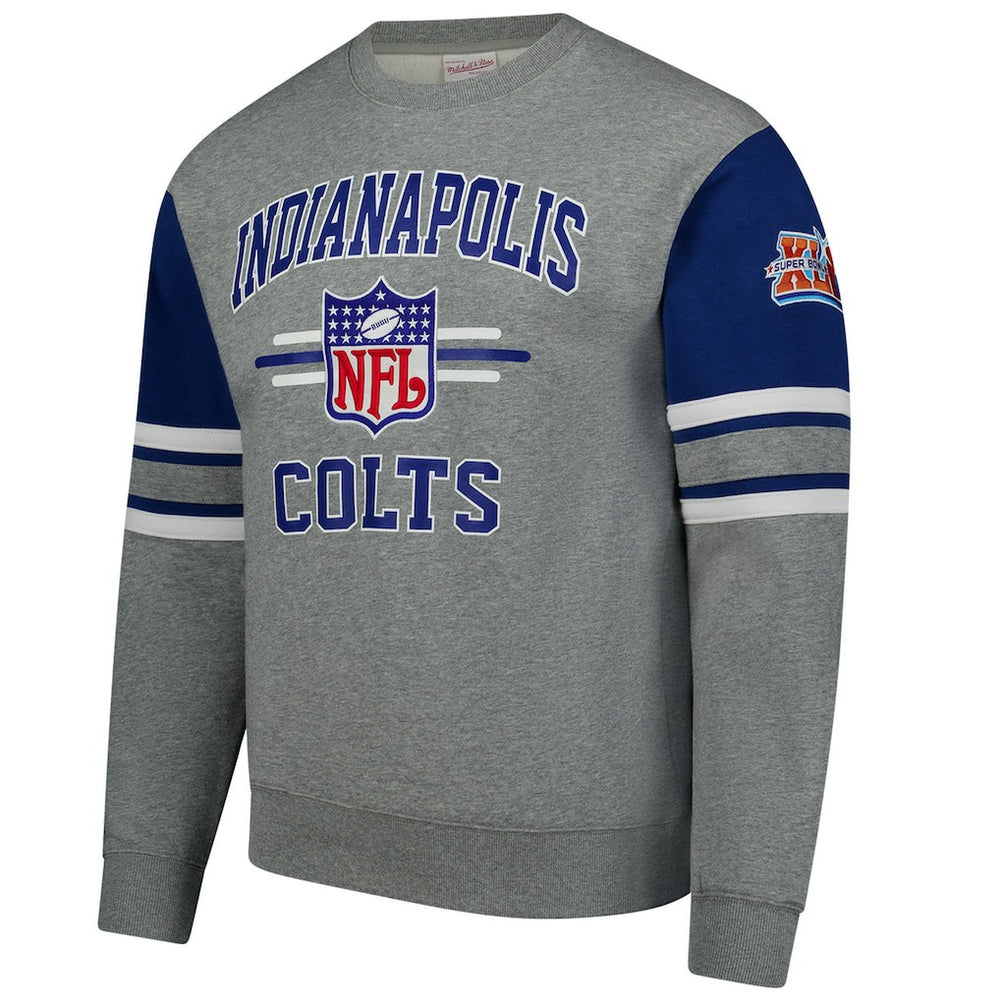 Indianapolis Colts All Over 4.0 Vintage Logo Pullover Sweatshirt - Heather Gray - Mitchell & Ness