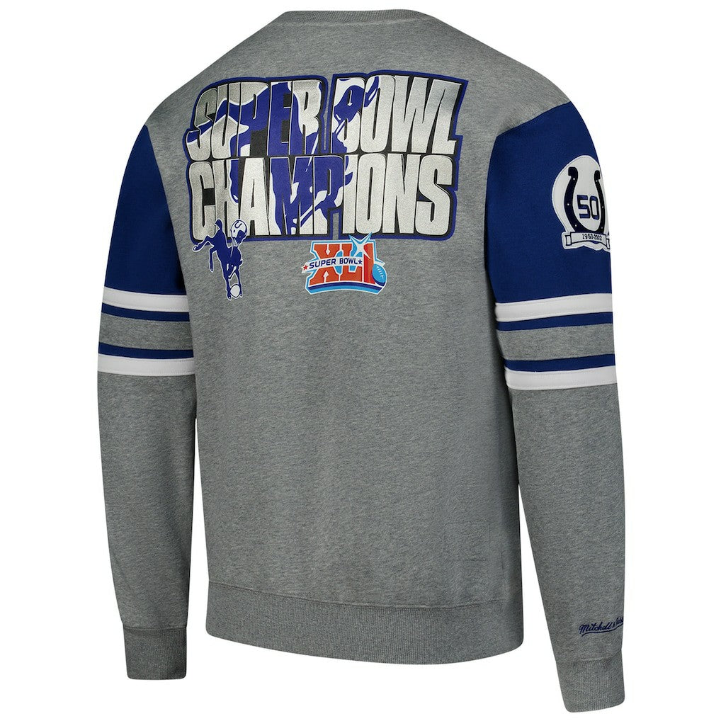 Indianapolis Colts All Over 4.0 Vintage Logo Pullover Sweatshirt - Heather Gray - Mitchell & Ness